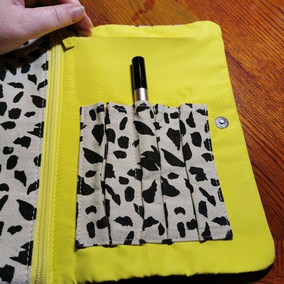 Creme and Black Animal Print Makeup Travel Bag with Neon Yellow Interior - Picture 4 of 11